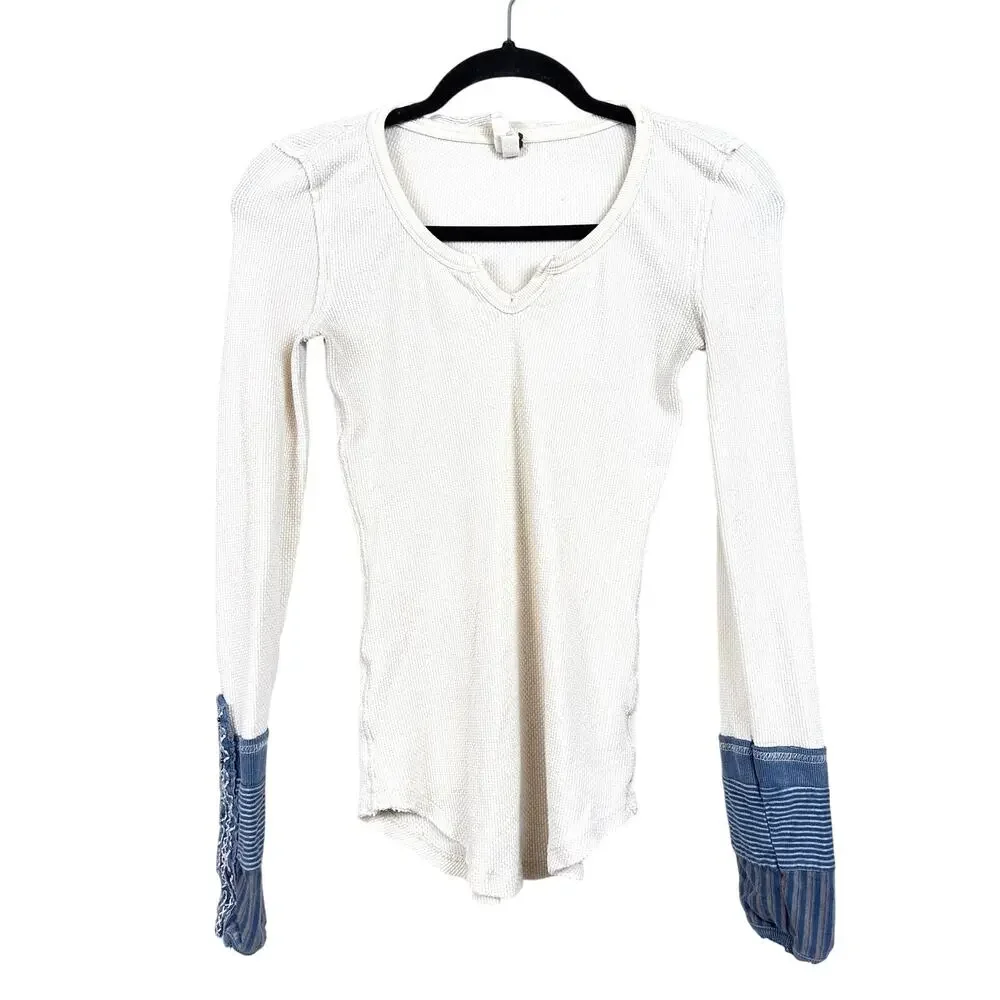 Free People Kyoto Cuff Womens S Cream Blue Embroidered Thermal Boho Top